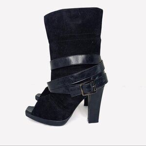 SEPALA BY MIHAELA GLAVAN BELTED THICK LEATHER SUEDE HEELED OPEN TOE ANKLE BOOTS